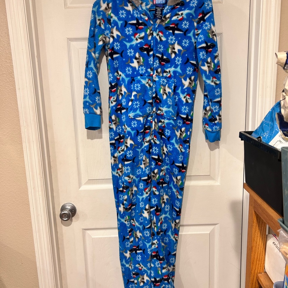 Cozy Blue and Red Fleece zip up pajamas with hood.